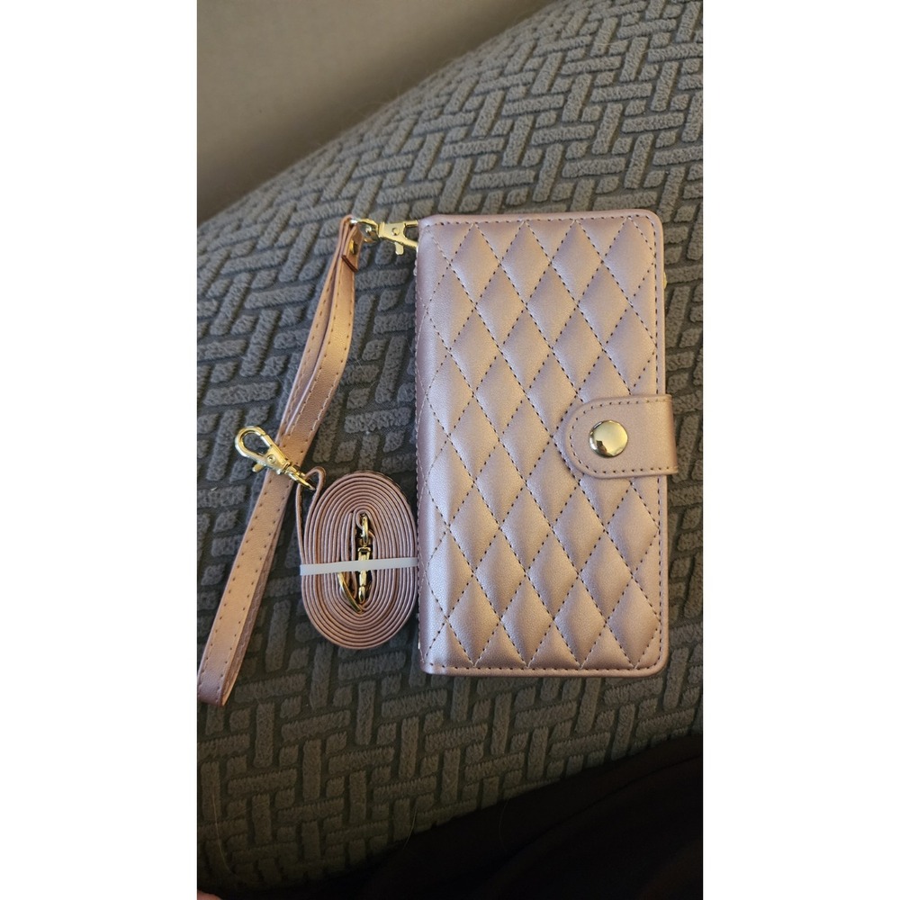 Rose Gold Quilted Glossy Wallet Case for iPhone 15 Card Pocket Crossbody Strap